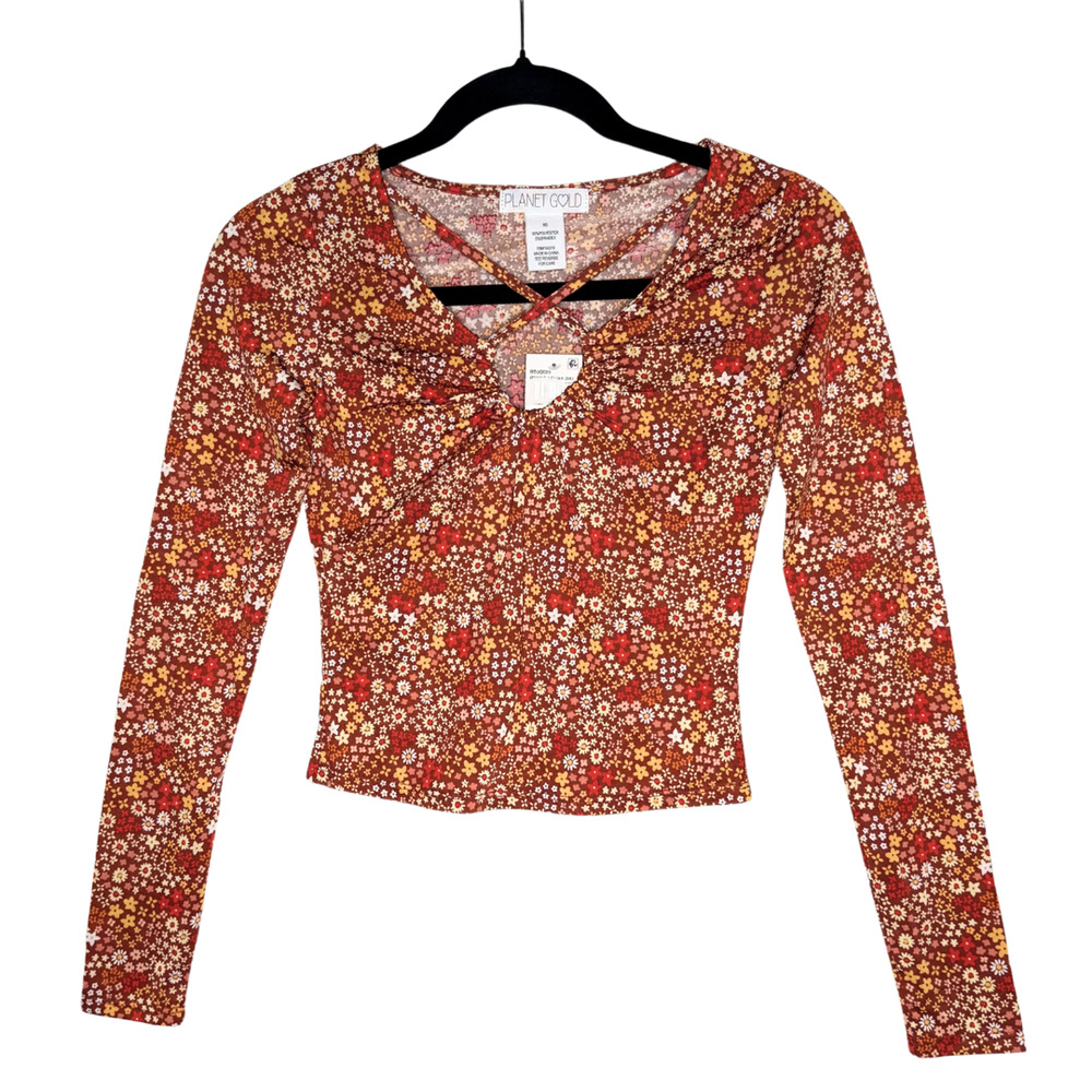 Planet Gold Floral Long Sleeve Criss Cross Crop Top Burnt Henna Small Bohemian